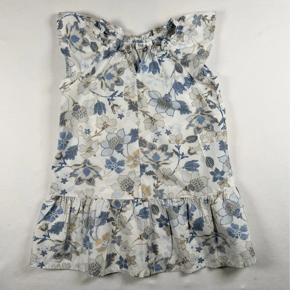 Gap Kids Floral Dress Girls Small Blue Tan Ruffle Flutter Sleeve Boho‎ Shift